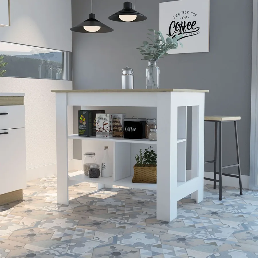 

Cala Kitchen Island; Four Legs; Three Shelves White Light Oak