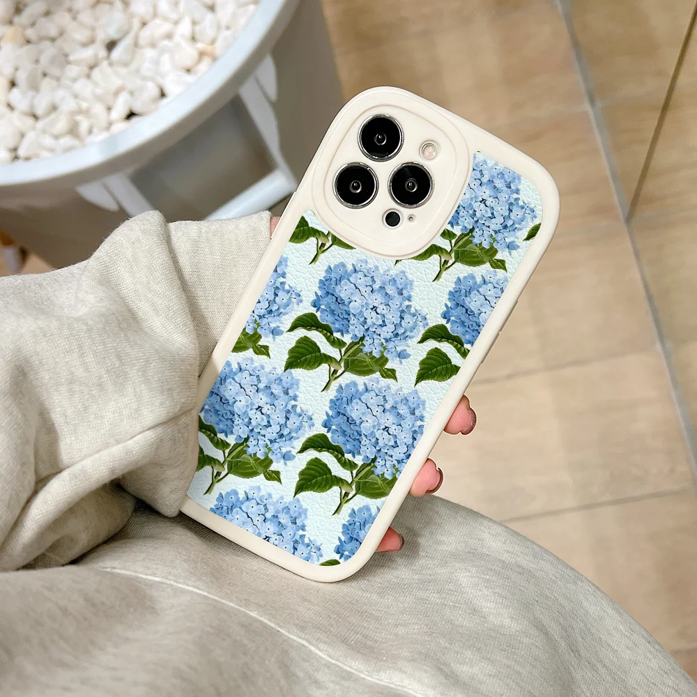 Blue Hydrangea Print Floral Print Phone Case For IPhone 11 12 13 14 15 Plus Pro Max PU Leather Silicon Soft Cover