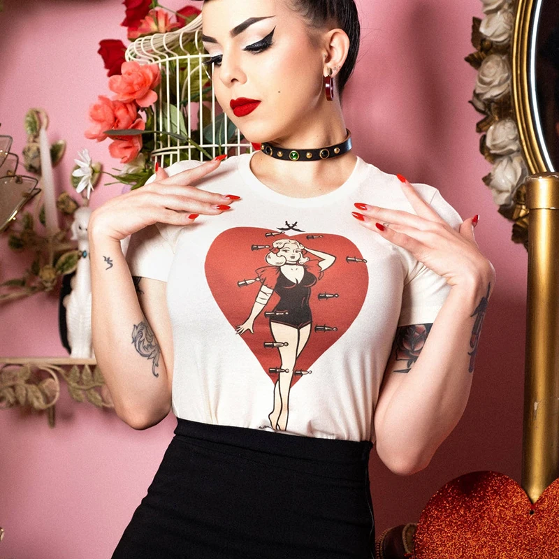 Sexy Lady and Red Love Heart Women T Shirts Cotton Short Sleeve Summer Fashion Graphic Tee Halloween Clothes Vintage T-shirts