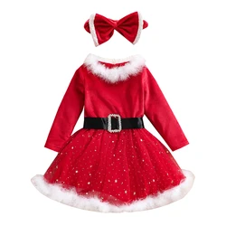 Fofo Papai Noel das meninas do bebê manga comprida vestido de Natal, fantasia de Natal Cosplay, roupas infantis de desempenho do feriado, vermelho