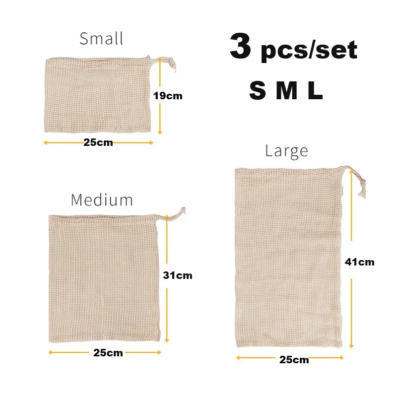 3pcs Reusable Cotton Vegetable Bag Eco Mesh Produce Bags for Vegetable Fruit Kitchen Washable Grid Storage Bag With Drawstring