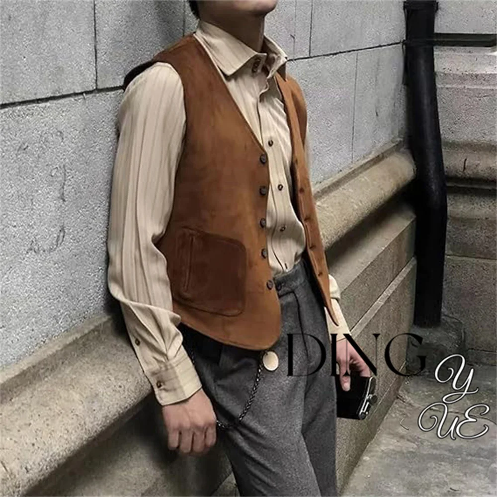 Mens Dress Vest Suede Leather 5 Buttons Male Waistcoat Formal Gilet Homme Business Slim Fit Suit Vest