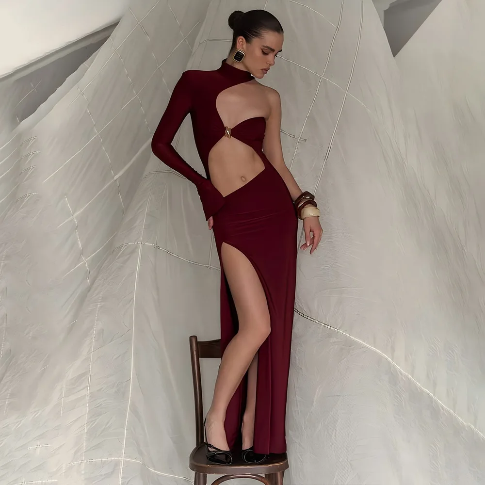Cryptographic elegante um ombro sexy corte split maxi vestido clube roupas de festa vestidos de manga alargamento vestido de aniversário roupas