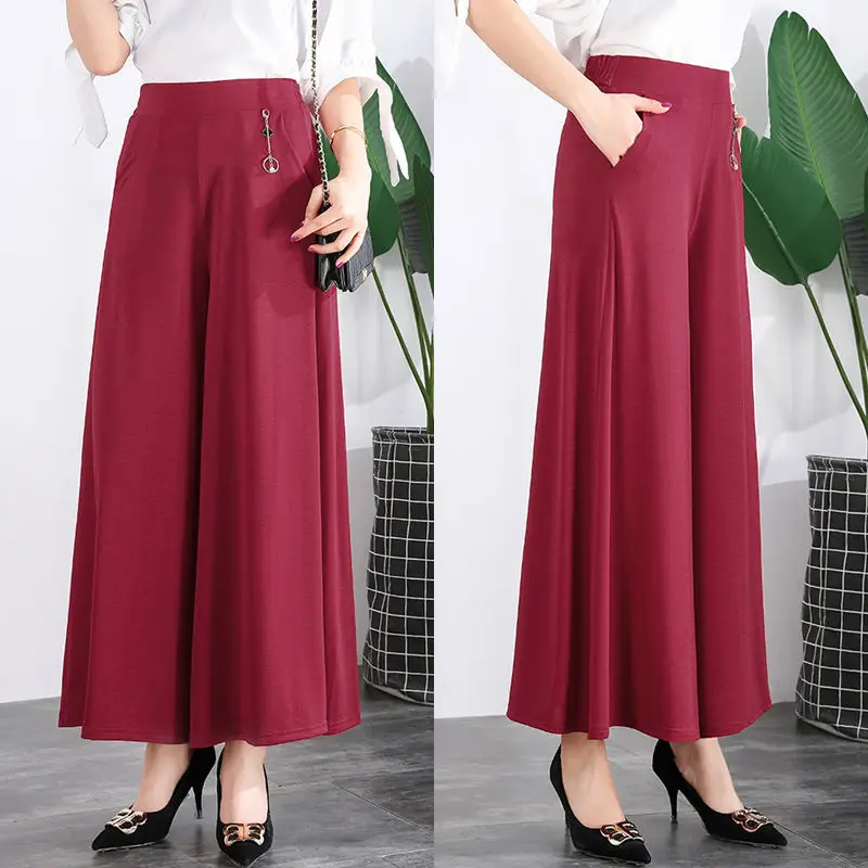 

Summer Casual Baggy Wide Leg Pants Women Solid Colors Elastic Waist Ankle-Length Pants Oversized Ice Silk Mom Pant Skirts XL-5XL