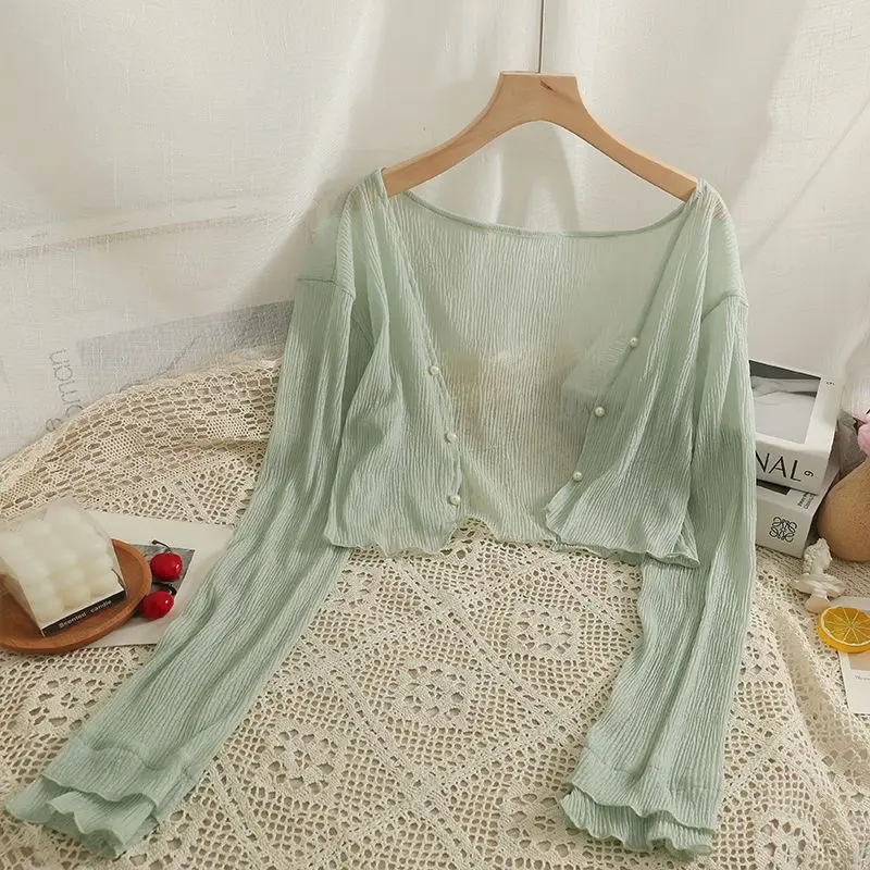Summer Woman Thin Perspective Long Sleeve Solid Sunscreen Shirt For Women Fashion Short Style