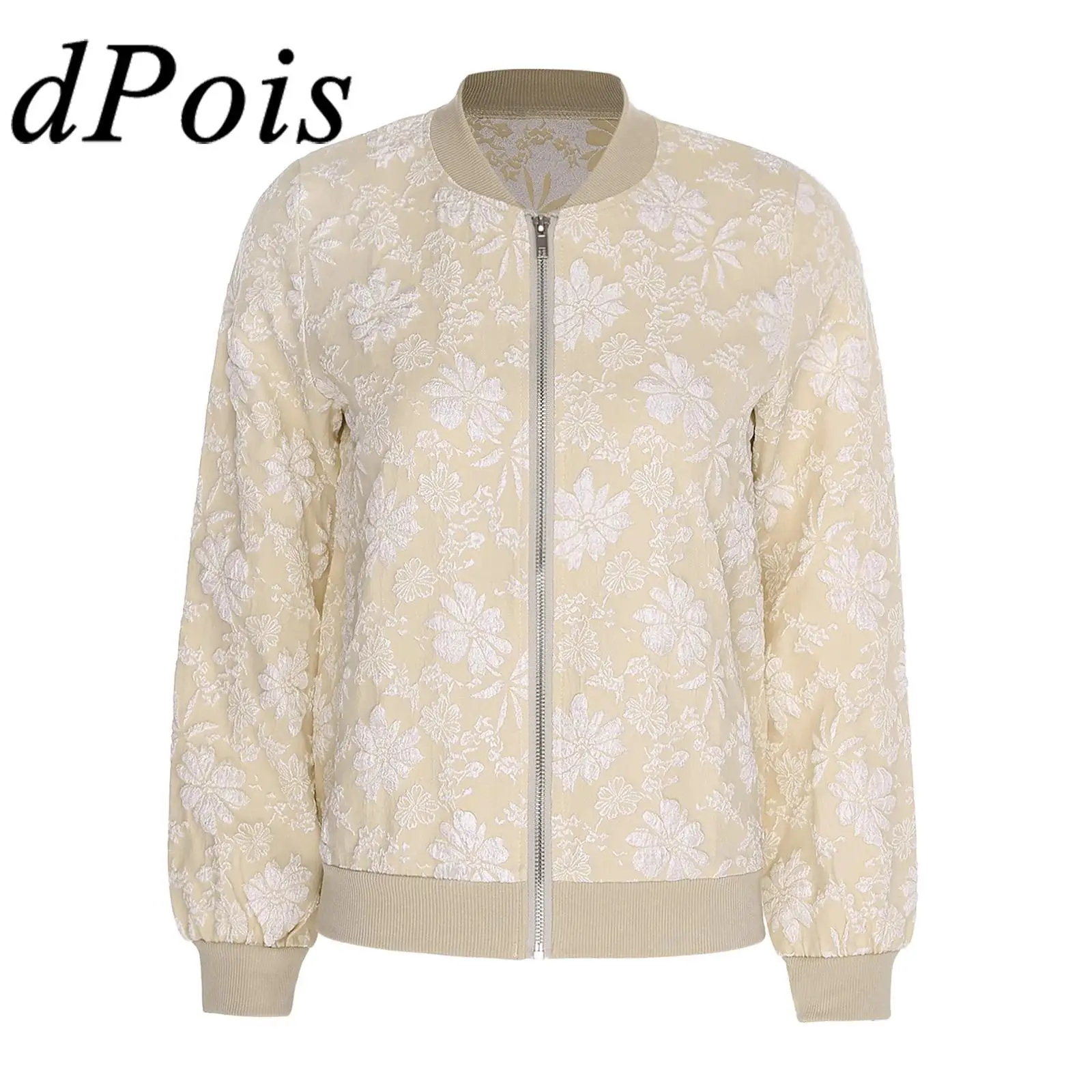 

Womens Exquisite Jacquard Outerwear Long Sleeve Front Zipper Ribbed Trim Bomber Jackets Casual Thin Baseball Coat Party
