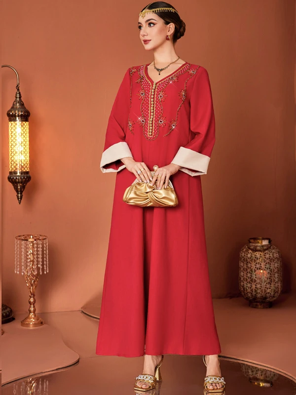 Rétro v-ne dubaï longue Dr rouge longue Sve ample arabe cousu à la main diamant Dr robe de mariée de soirée formelle Ocn Dr