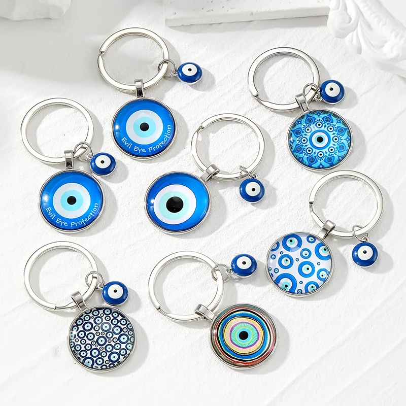 LLavero de mano de ojo malvado azul con flor redonda, Hamsa para mujeres y hombres, nueva gema del tiempo bohemio, ojo de la suerte turco, bolso de mano de Fátima, caja, llavero de coche