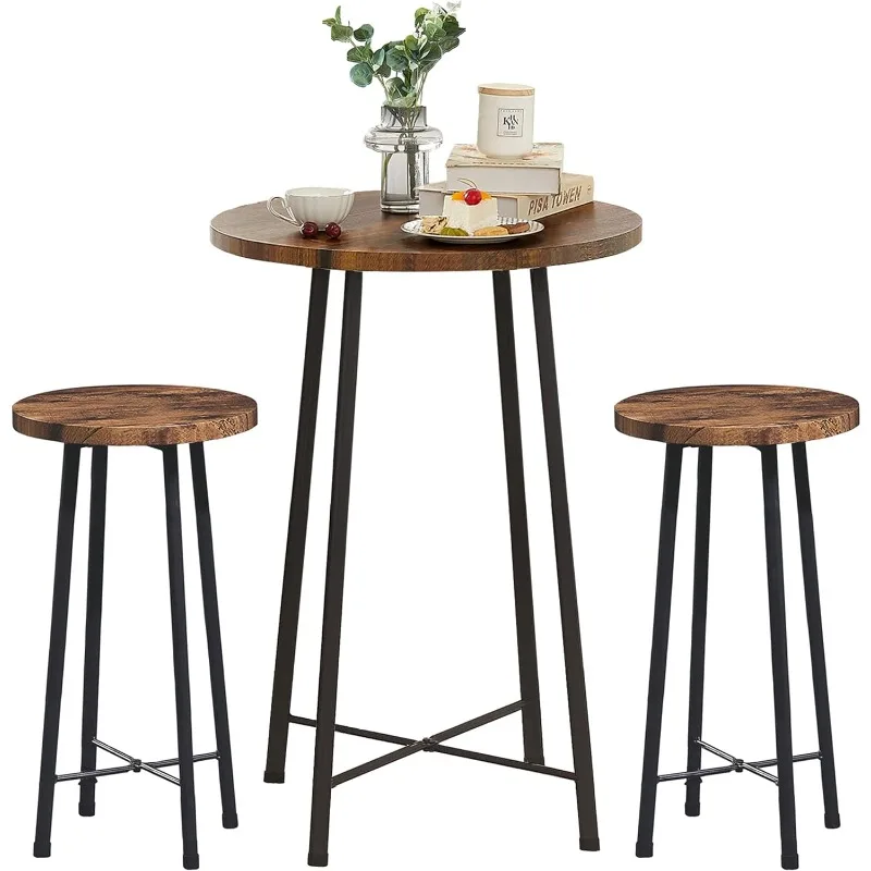 

Small Bar Table and Chairs, Round Bistro Sets with 2 barstools, 3-Piece Pub Dining Furniture, Counter Height Wood Top