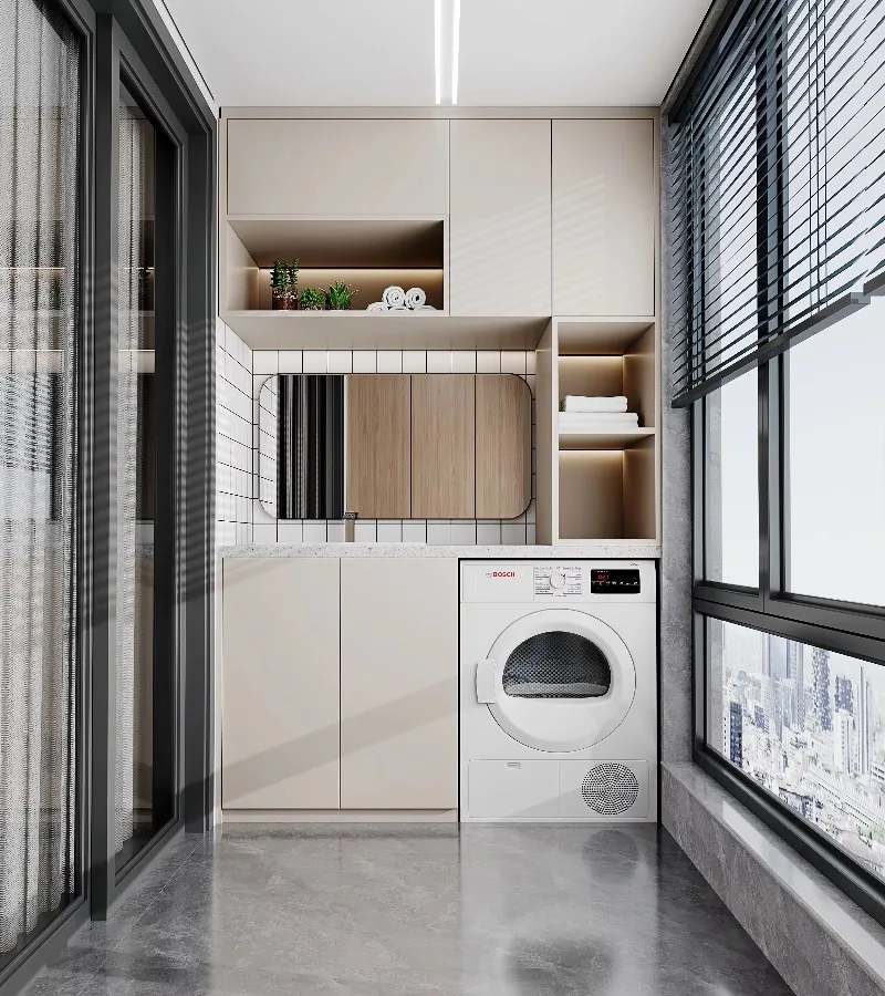 Hotel laundry room, built-in washing machine, apartment laundry cabinet