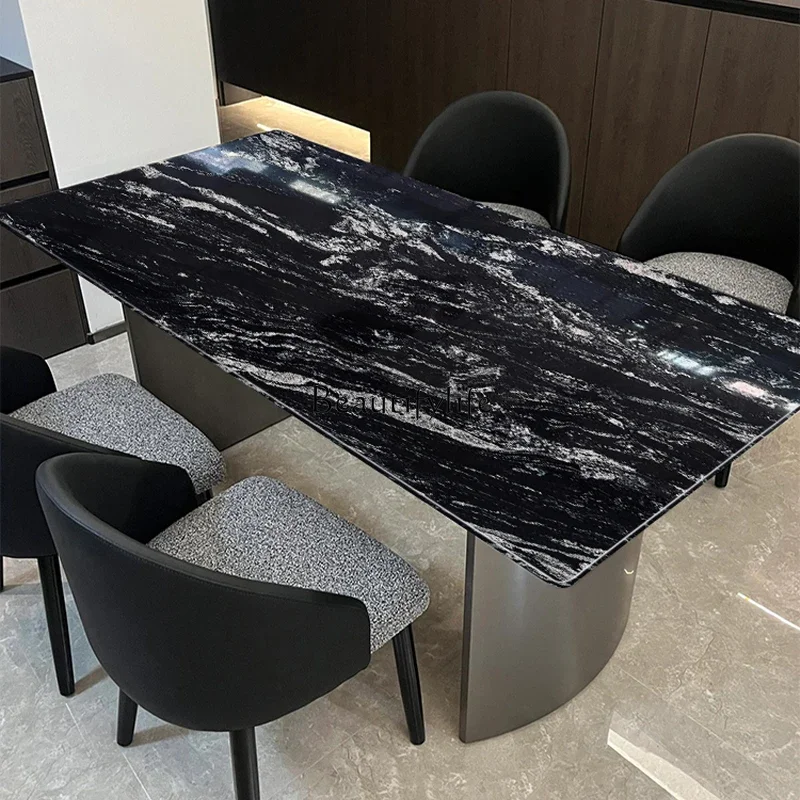 

yj5 Cosmic black natural marble dining table light luxury high-end rectangular luxury stone dining table