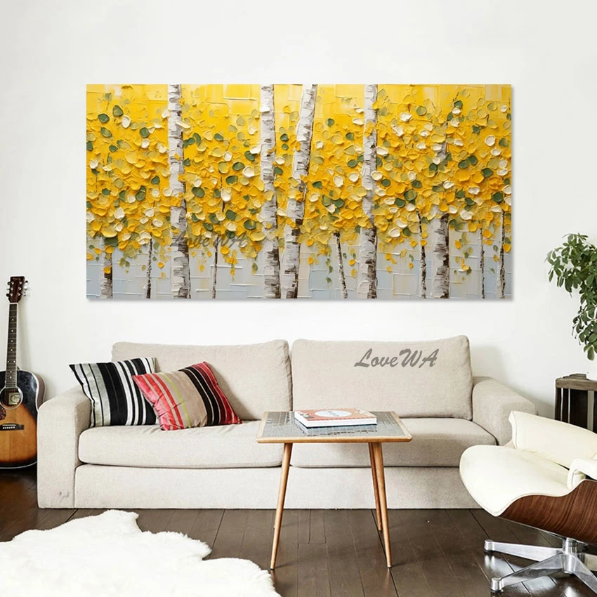 

Palette Knife Canvas Art Wall Landscape Picture Decor Frameless Abstract Tree Oil Painting Yellow Green Acrylic Thick Texture