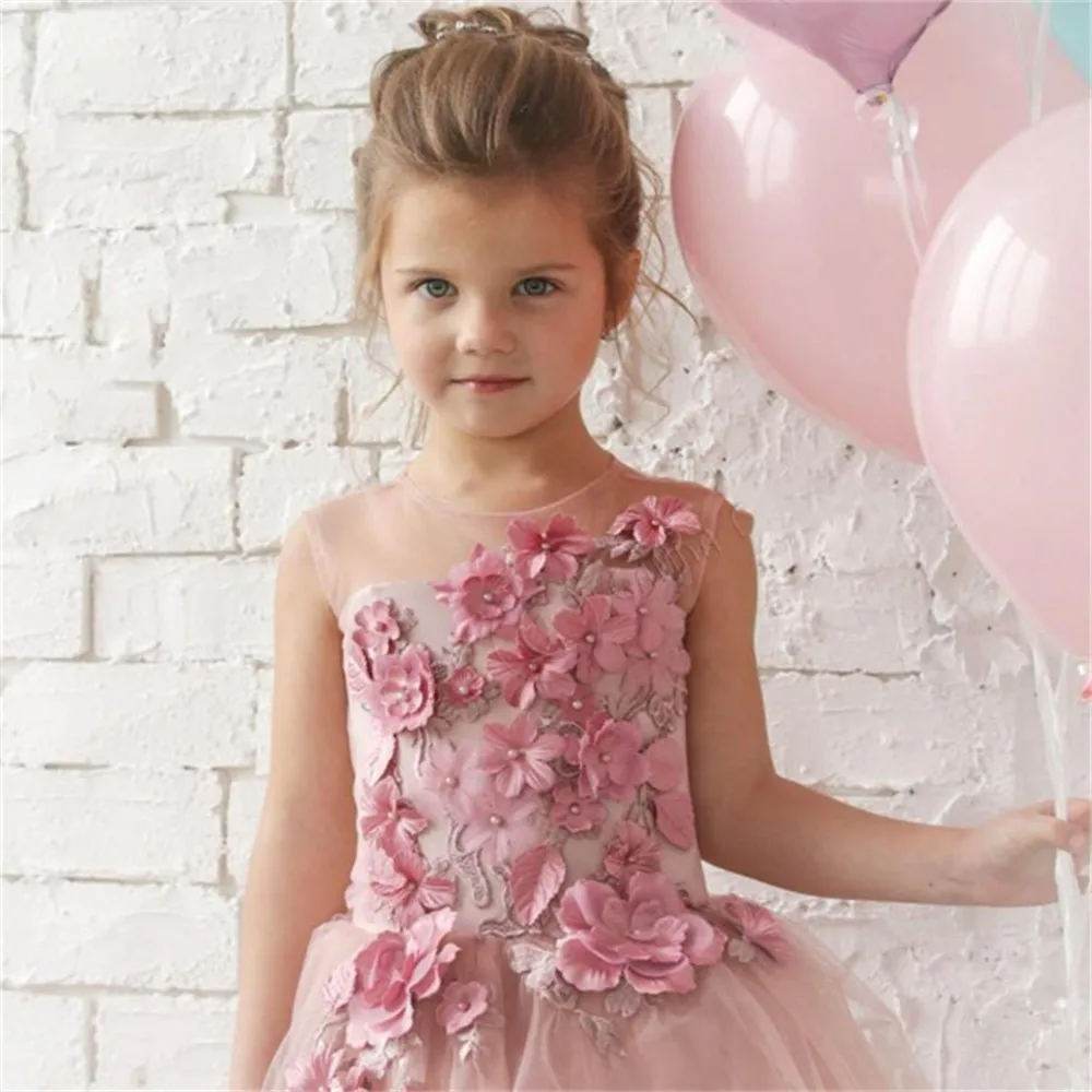 Long-sleeved Transparent Lace Princess Flower Girl Dress Wedding Party Beauty Pageant First Communion Dresses Dream Kids Gift