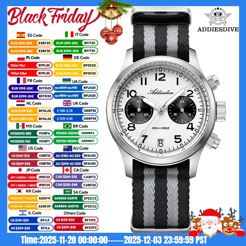 ADDIESDIVE 腕時計男性用クロノグラフ VK64 ムーブメント AD2538 316L ステンレス鋼 39 ミリメートル BGW9 発光 100 メートル防水クォーツ時計