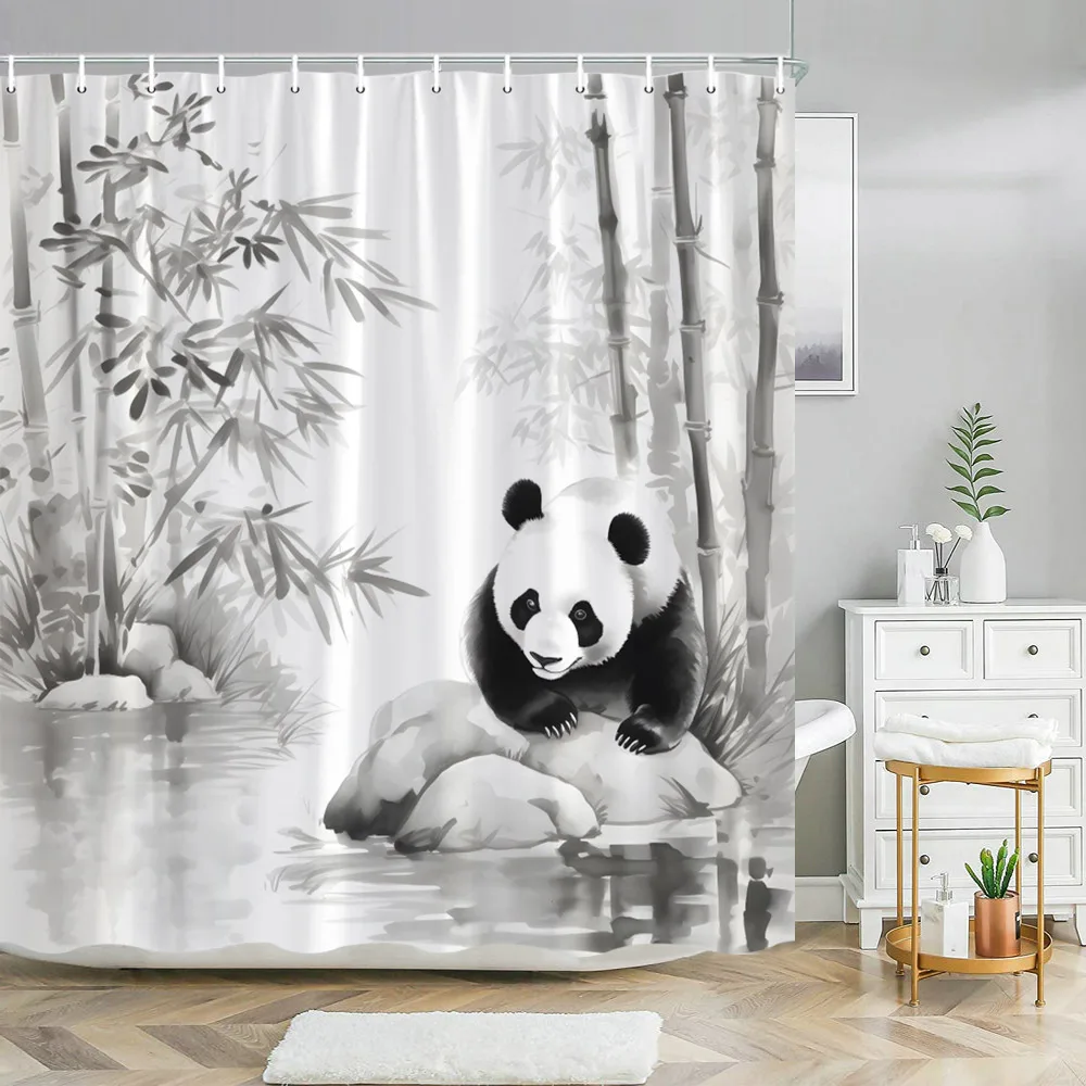 Chinese Landscape Shower Curtain Ink Painting Bamboo Landscape Cherry Blossom Writing Landscape Shower Curtains Bathroom Decor