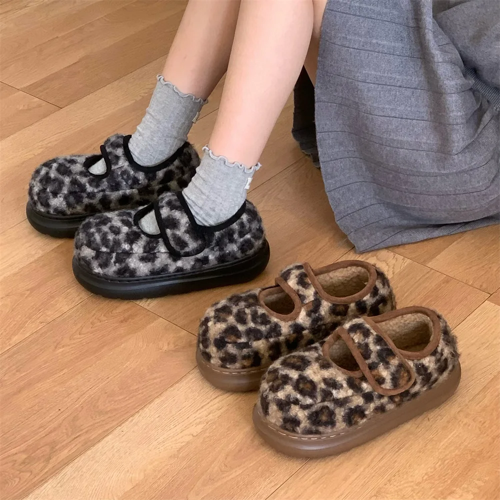 

Casual Winter Warm Furry Shoes with Velvet Bean Cotton Shoes, Leopard Print Velcro Thick Soled Mary Jane Bread Shoes for Women