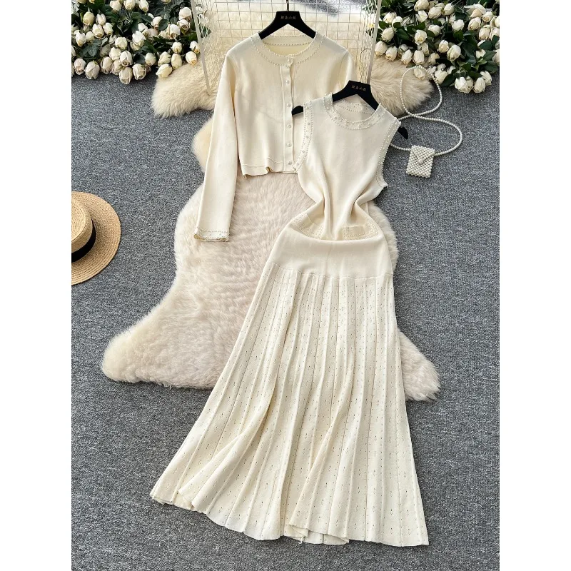 High-end Wear Women Autumn Fashion Beaded Round Neck Sleeveless Knitted Dress Long-sleeved Cardigan Jacket Women Two-piece Sets
