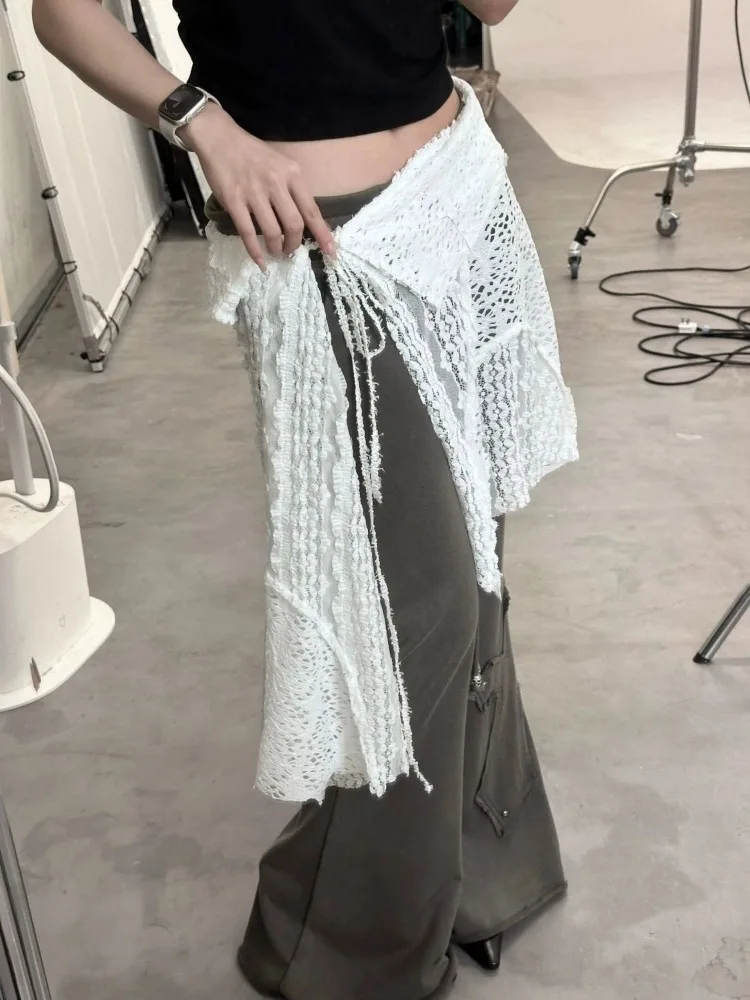 Fashion Mesh Hollow Out White Skirt for Women Y2k High Waist Lace Up Skirts 2024 Early Autumn New All-match Faldas Mujer