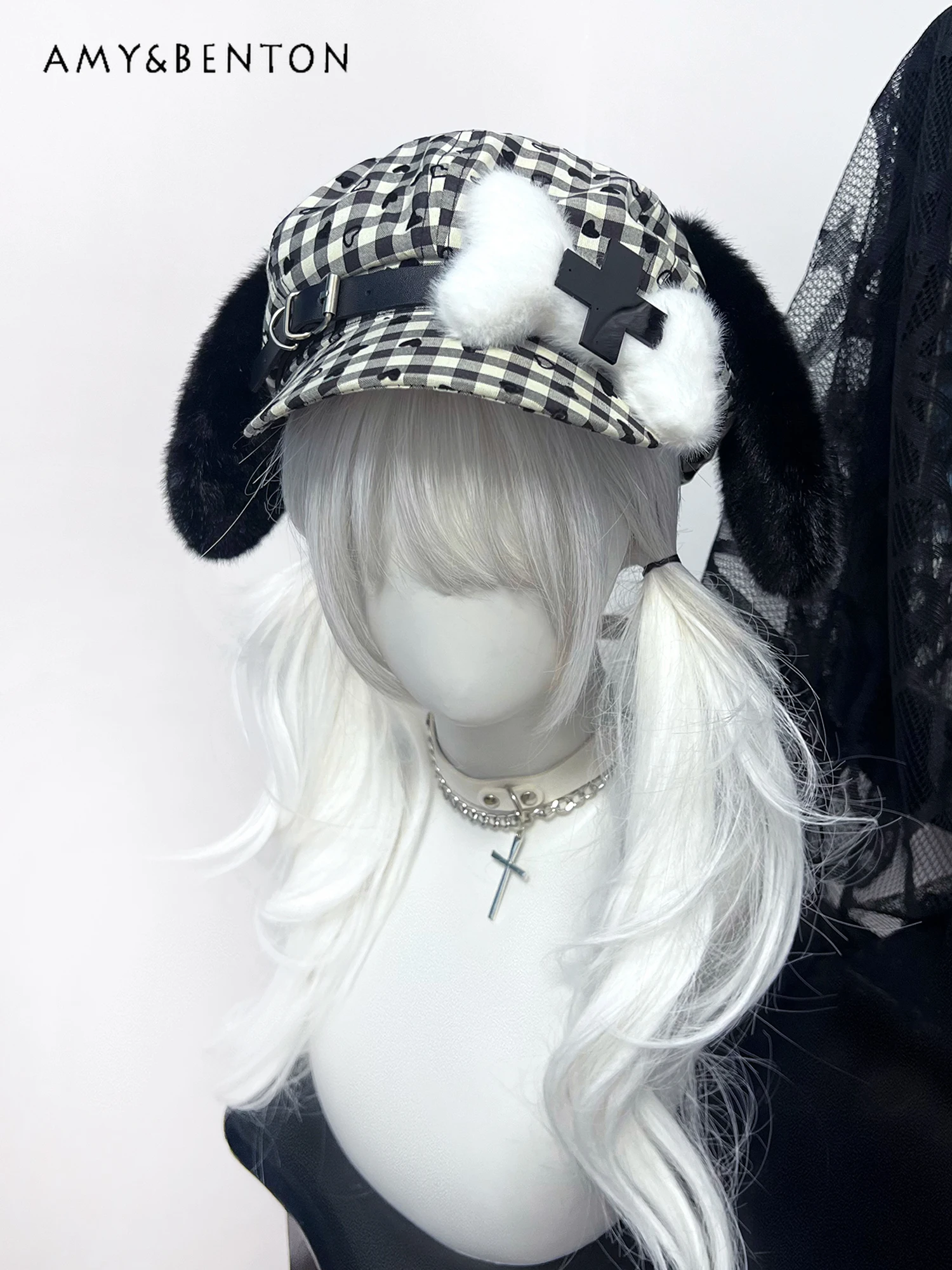 Original Subculture Cartoon Three-dimensional Bones Plush Ears Beret Hat Women Japanese Cute Two-dimensional Girl Plaid Beret