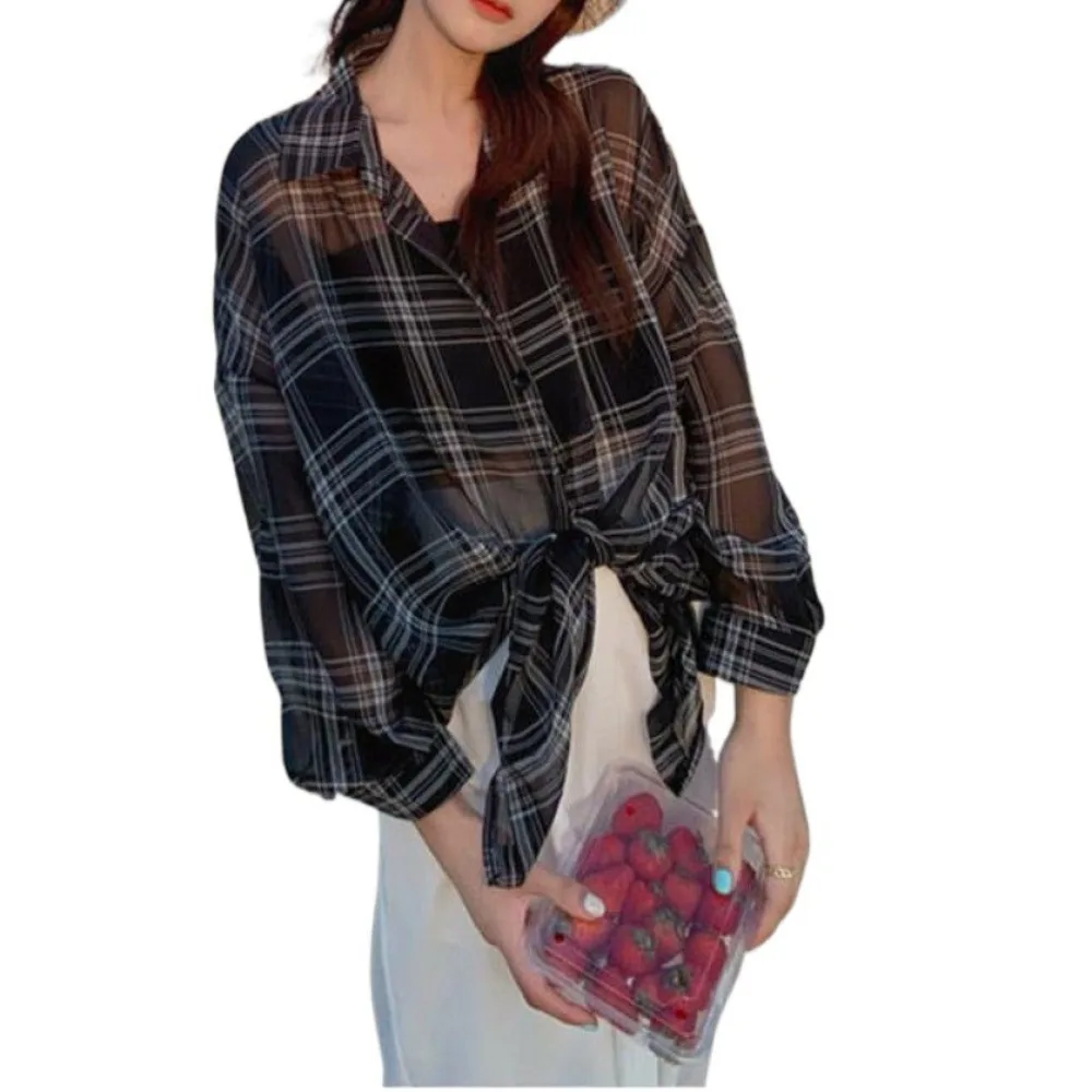 2025 Chique Zomer Luie Sle Losse Casual Dunne Lange Sve Plaid Zonwering Irt Jas Dames Koreaanse Sle Loose Fit Lichtgewicht