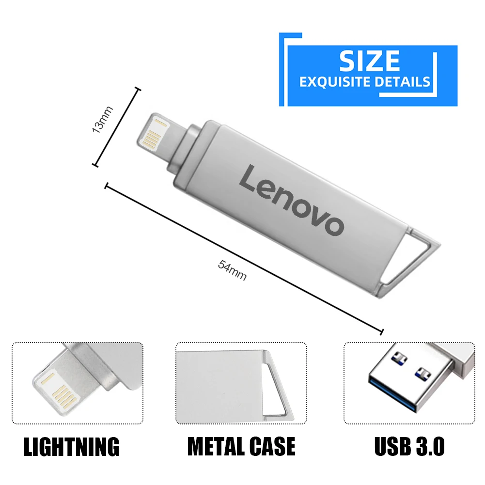 Lenovo Pen Drive 2TB 1TB USB Flash Drive For Iphone OTG Lightning USB 3.0 Metal 2-in-1 Pendrive High Speed Memory Stick 128GB