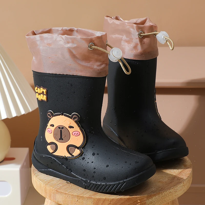 One Pair of Toddler Mid-Calf Rain Boots for Boy and Girl Comfortable Soft Sole Capybara Rubber Water Shoes Elastic Band image 4