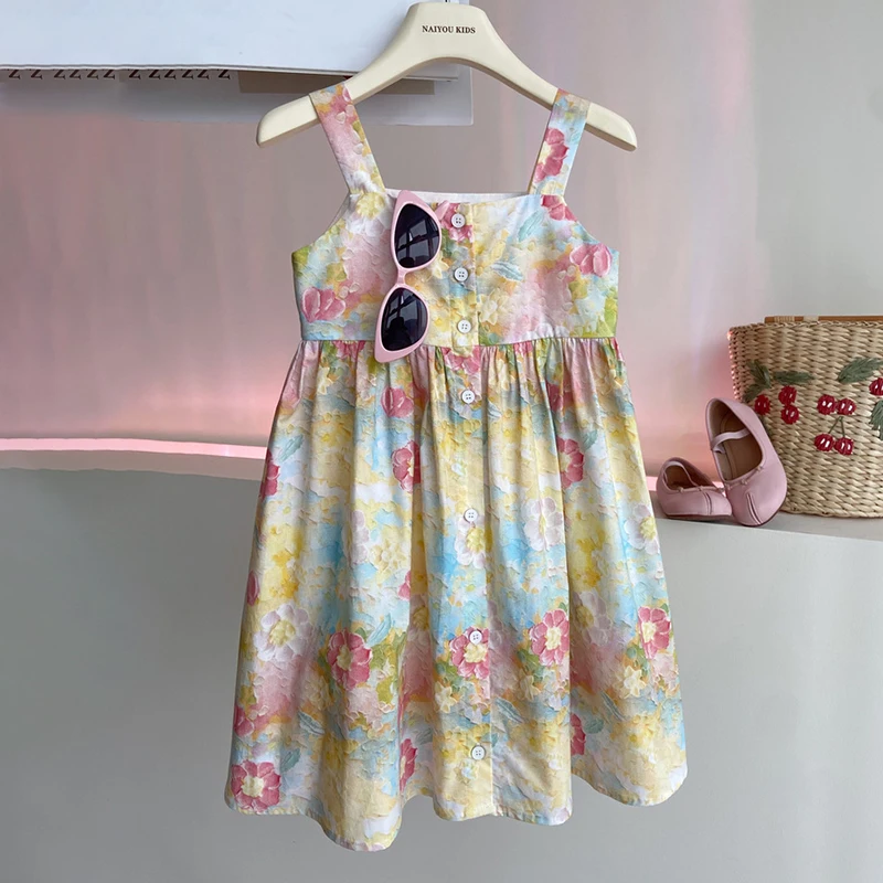 Summer Baby Girls Sleeveless Dress Casual Clothes Cotton Sweet Floral Print Dress For Toddler Infant Children 3 To 8 Years