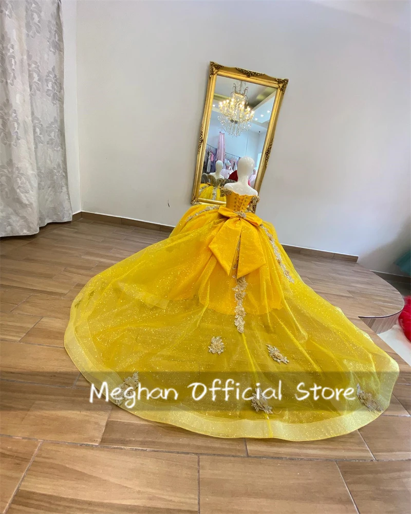 Vestido de baile dorado con hombros descubiertos para niña, vestidos de flores para boda, lazo para niños, apliques de cuentas, vestido de desfile, cumpleaños de princesa