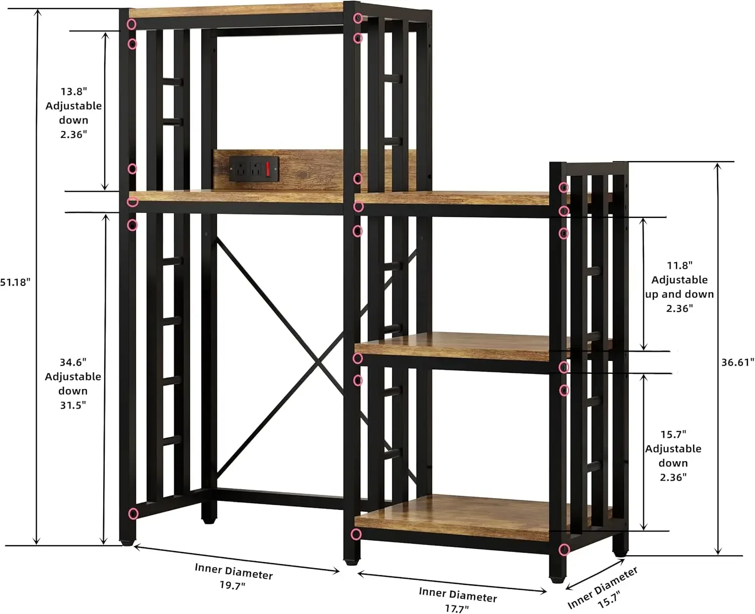 6 Tier Kitchen Bakers Rack Power Outlet Microwave Stand Storage Shelf Kitchen Living Room Office Mini Fridge Stand Spices Pots P - view 2
