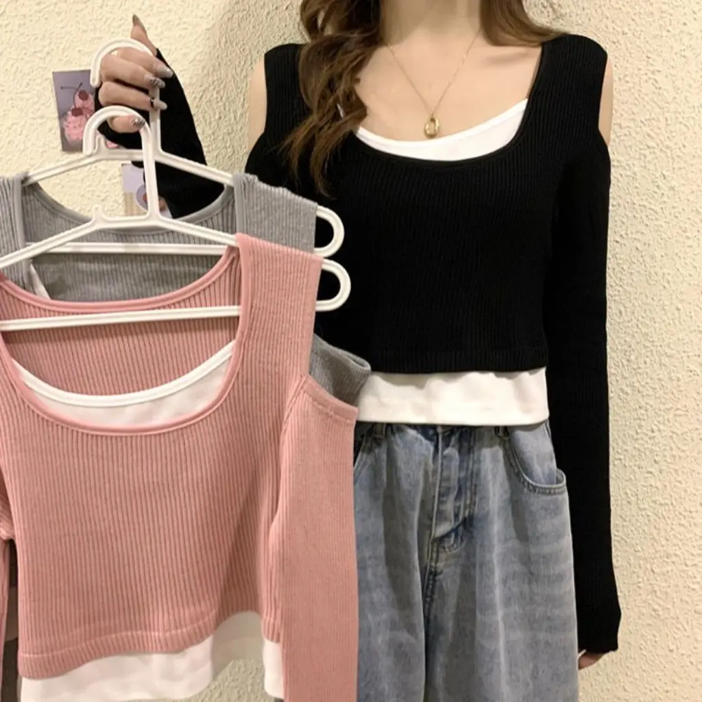 

Women's Fake Two-Piece Long-Sleeved T-Shirt Spring Autumn Fashion Chic Hong Kong Style Slim Fit Short Top for Students