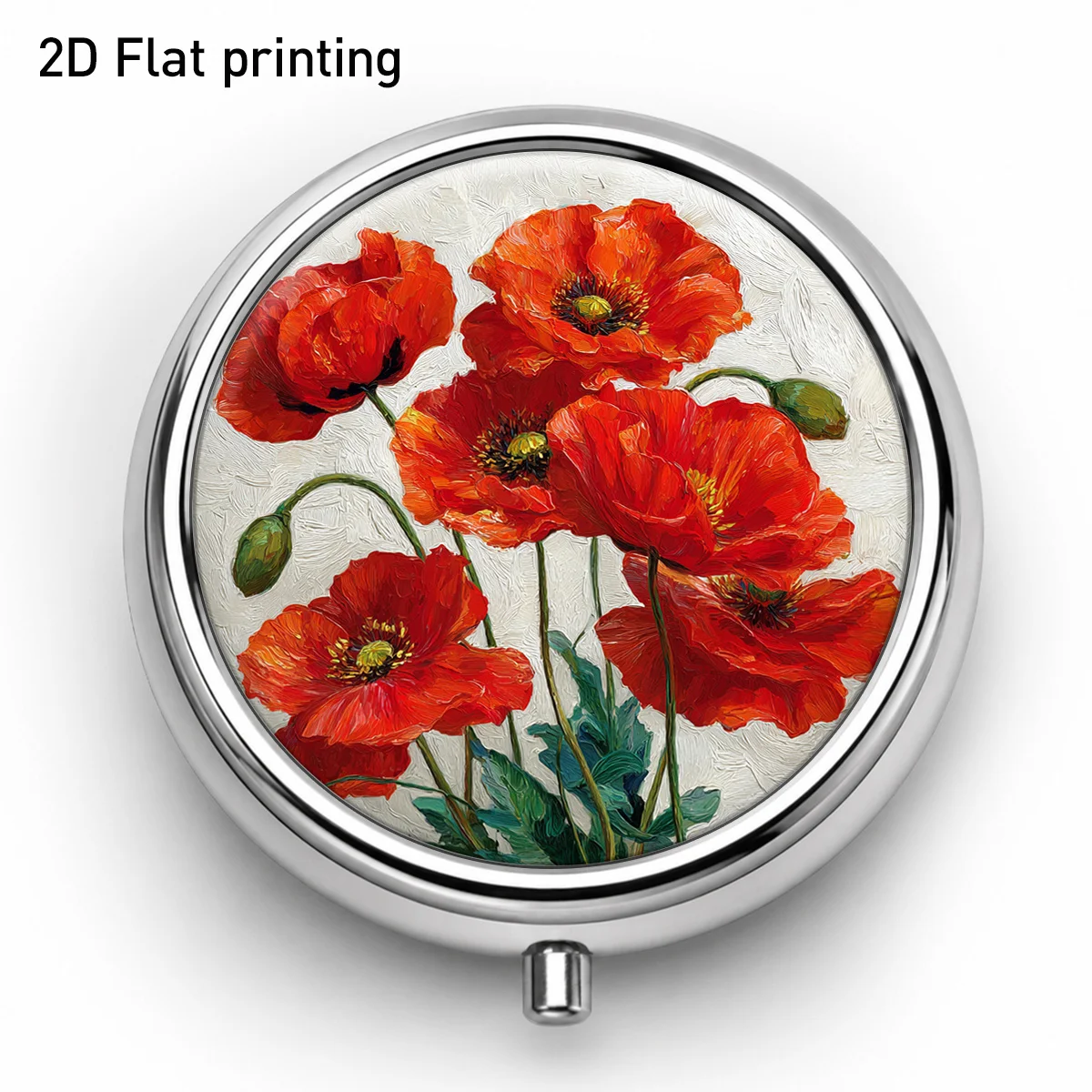 A Round Pill Box with Flat Print, Featuring a Red-Orange Poppy Bouquet Pattern, Portable Three-Compartment Storage Box, Suitable for Storing Small Items, Jewelry, Medicines, Vitamins, Etc., in a Vibrant Floral Oil Painting Style, with Compartment Design for Easy Access.