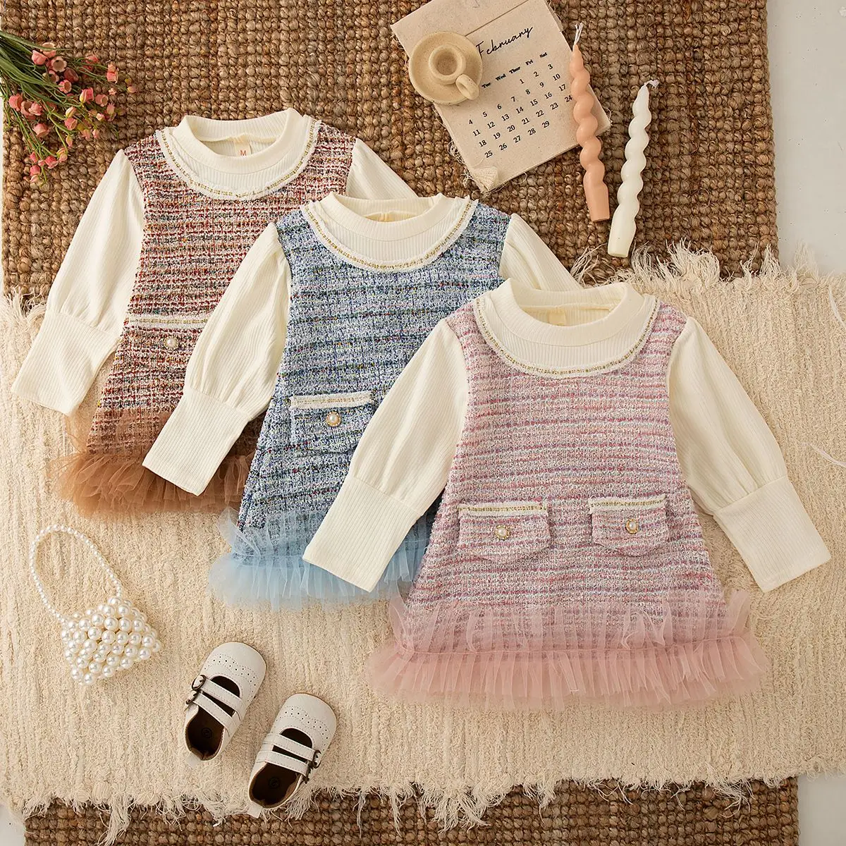 

Pink Colorblock Baby Girl Dress Mesh Knit Long Sleeve Princess Party Gown Soft Tulle Casual Dress for Children