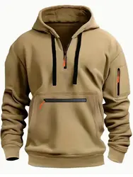 Men's casual sports hoodie spring and autumn fashion arm pocket pull rope hoodie solid color loose long-sleeved blouse pullover