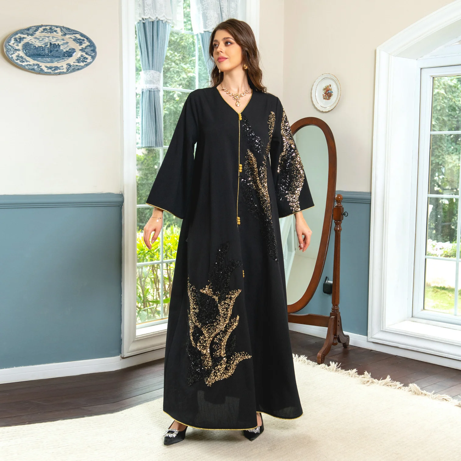 Jellaba Hooded Women Abaya Black Long Sleeves Dubai Turkey Morocco V-neck Women Robe Loose Gurban Islam Muslin Women Clothing