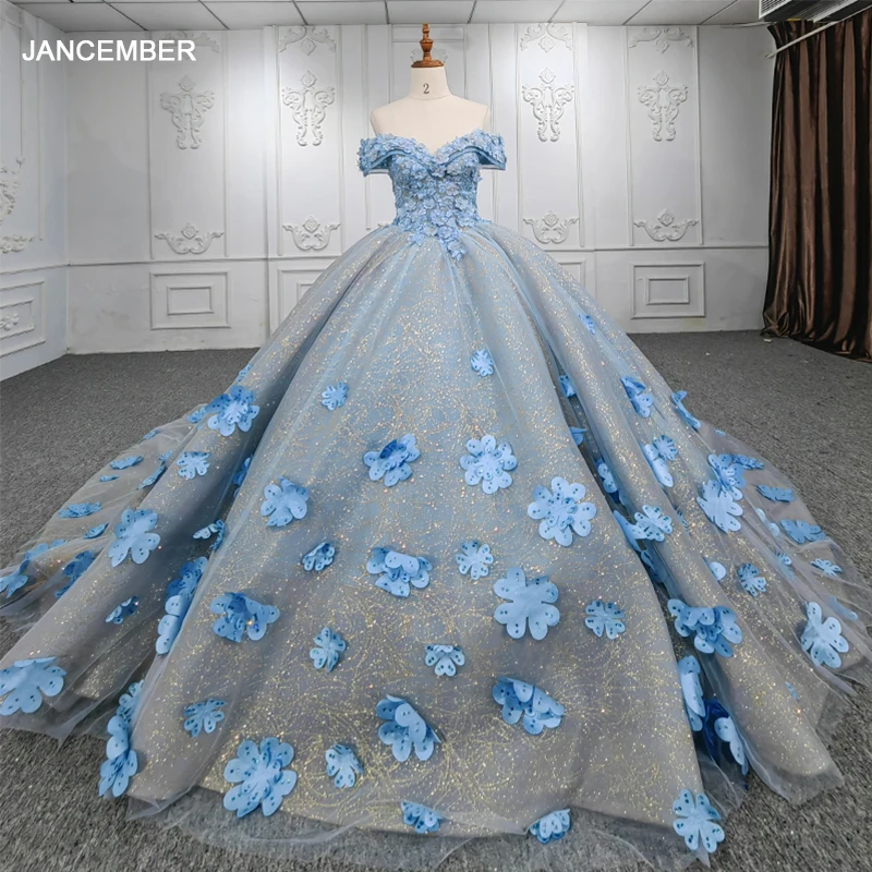 

JancemberЭлегантное синее платье Quinceanera с короткими рукавами и без бретелек, бальное платье с цветочным принтом, Vestidos De Fiesta DY9939