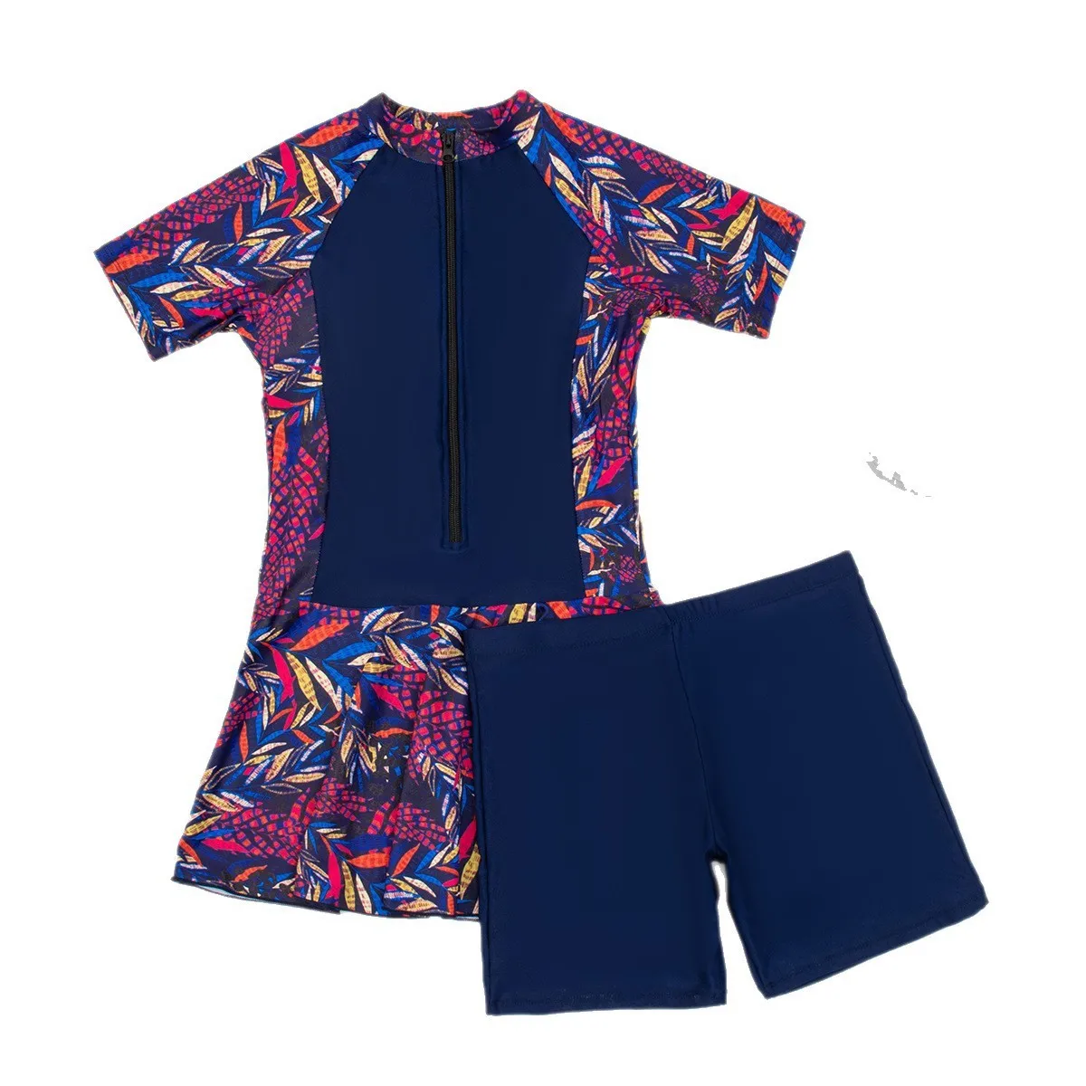 Woman Tankini Tropical Leaf Print Peplum Skirt Tankini Top Navy Blue Front Zipper Two Piece Swimsuit Modest Short Sleeve