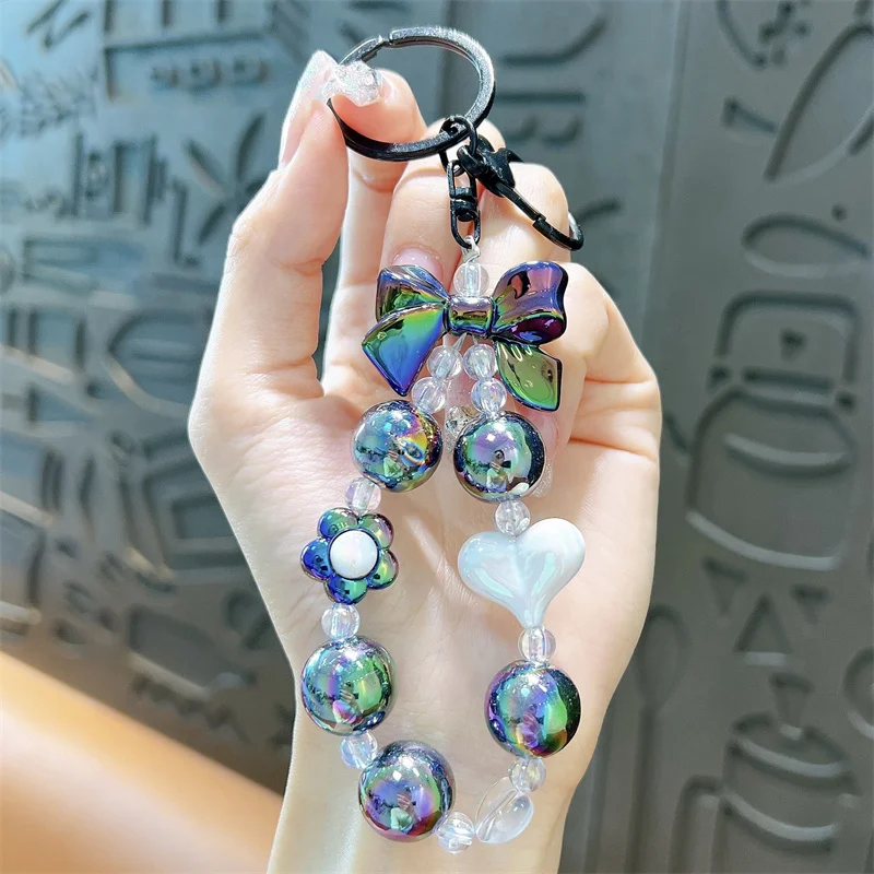 Creative small fresh candy color color plating beaded key chain bow love key chain bag small pendant