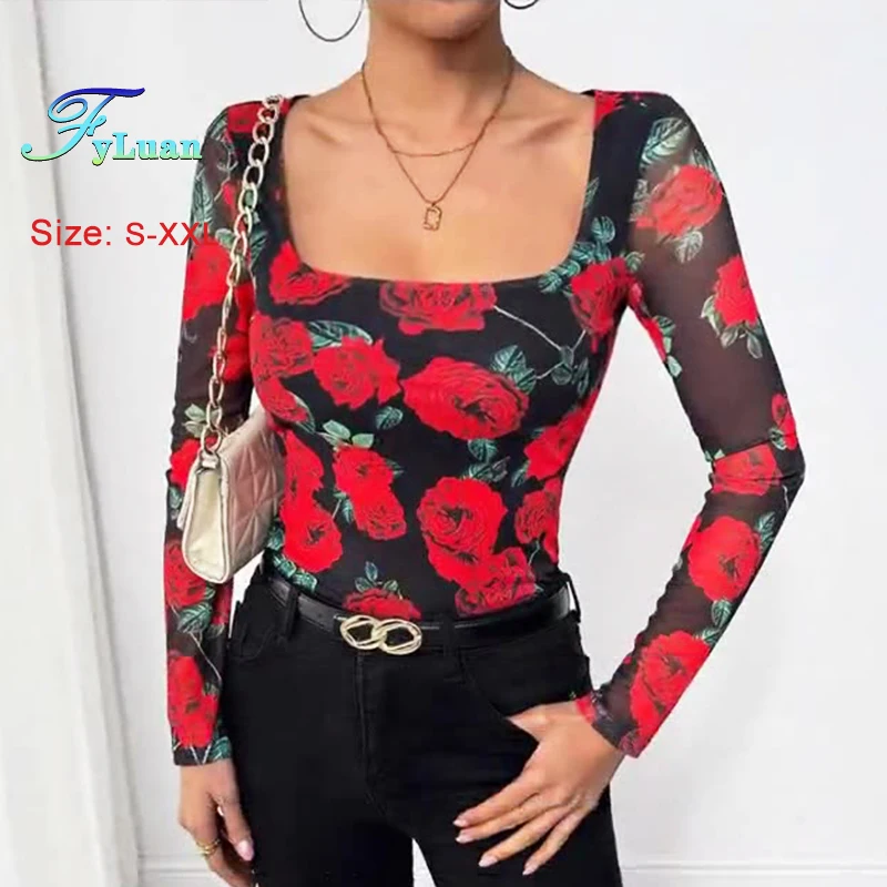 2025 النمط الفرنسي U الرقبة المرأة تي شيرت رومانسية زهرة الورد شبكة مطبوعة ساحة طوق كم طويل البلوز أنيقة سليم #3