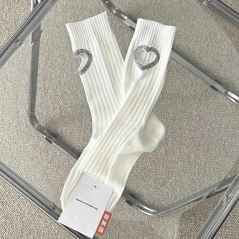 زوج واحد من الجوارب المزخرفة الأوروبية الفاخرة مع الماس الساخن والقلوب المجوفة للربيع والصيف جوارب قطنية رقيقة #6