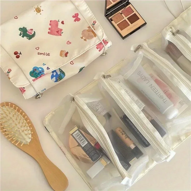 Cartoon Animal Print Cosmetic Bag Drawstring Satin Portable Makeup Storage Pouch Small Travel Wash Bag For Women Girls