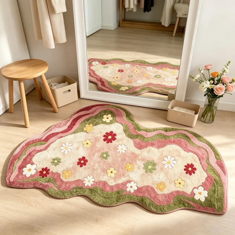 Cream Style Floral Wavy Irregular Bedside Rug Soft Plush Floor Mat Cartoon Daisy Pattern Carpet for Living Room Bedroom Rugs