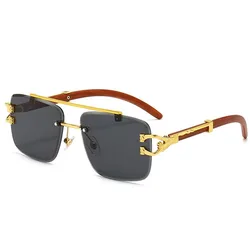 2025 Wooden Sunglasses For Men Square Rimless Sunglasses Women Wood Grain Vintage Fashion Outdoor Cycling Glasses Luxury Retro