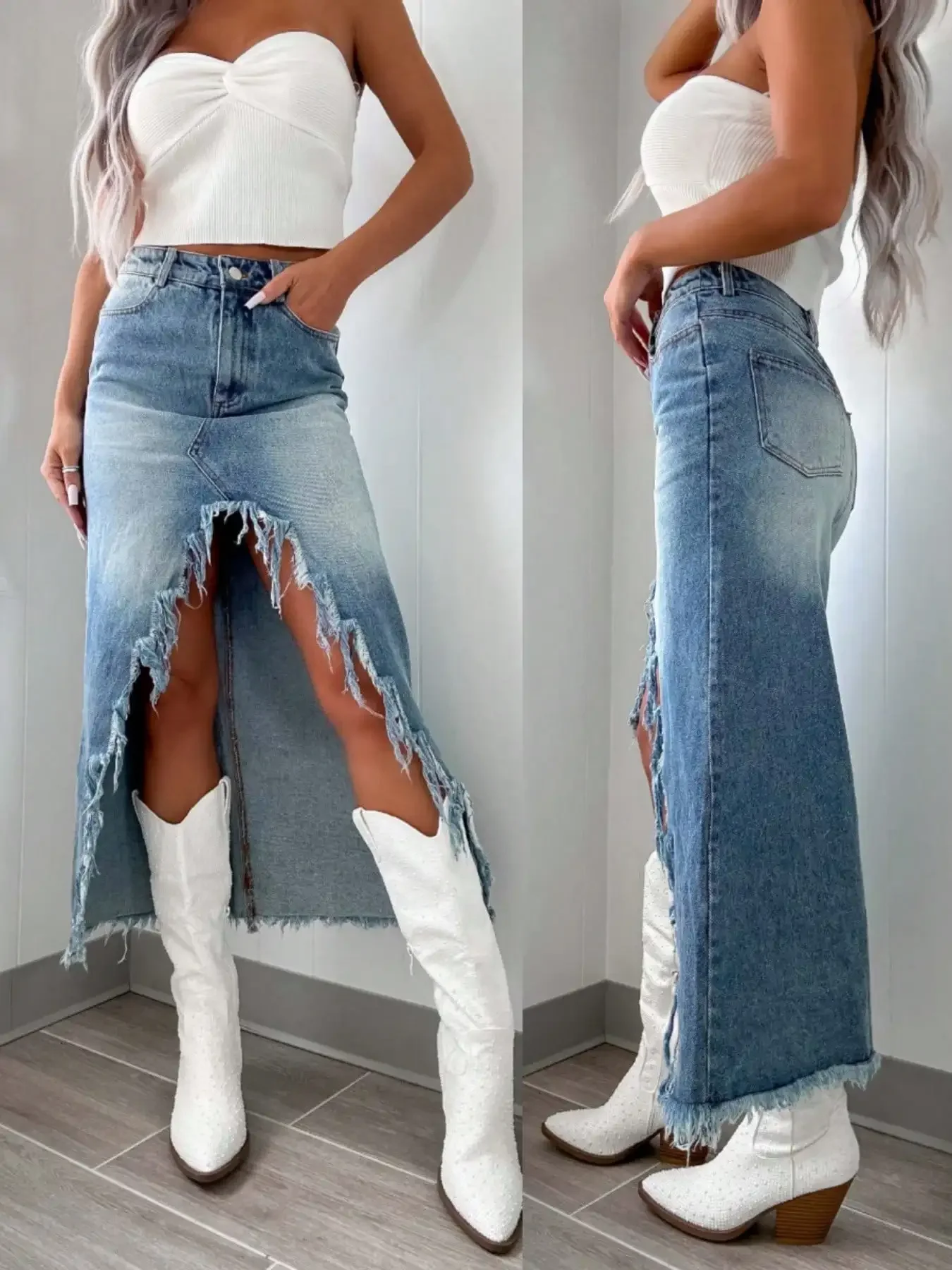

High Waist Distressed Denim Midi Skirt with Asymmetrical Frayed Slit