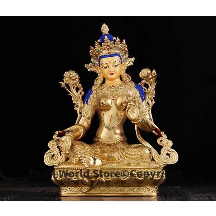 2025 Wholesale Buddhist supplies # efficacious Protection #33CM-13 inch Buddhism gilding Bodhisattva Green Tara Buddha statue