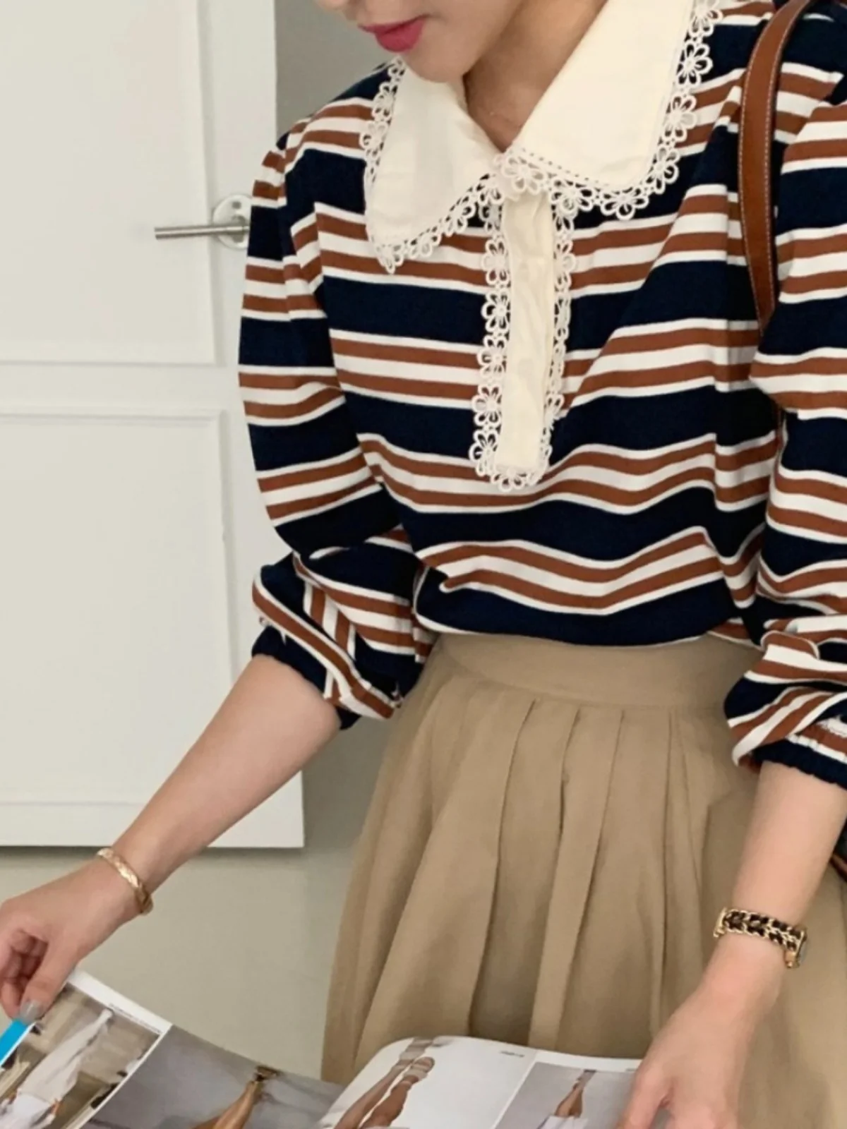 Ruche gestreept lang Sve ort Sweatshirt Dames Design Sense Jeugdige poppenkraag Bubble Sve Koreaanse Sle Koreaanse versie