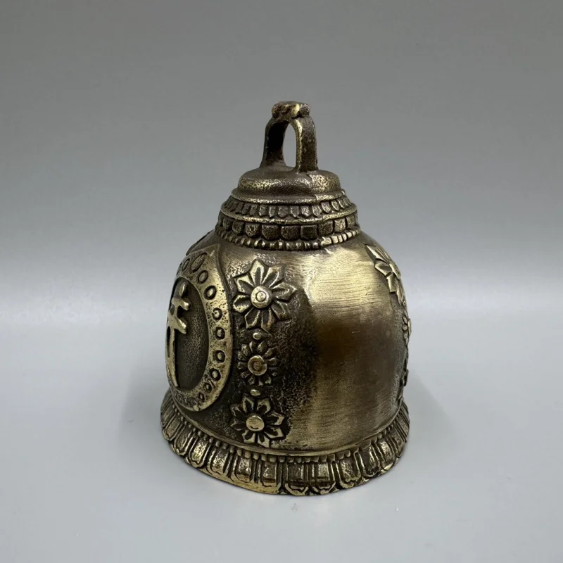Antique Collectible Bronze with Buddha Head Figurine, Pure Brass Hand-Cranked Bell Ornament