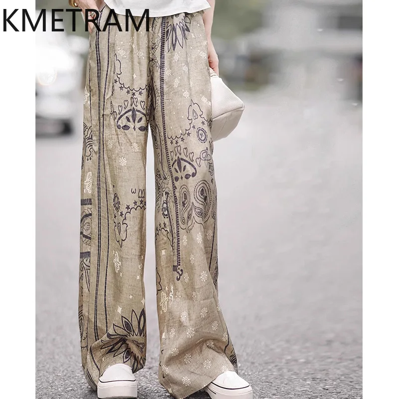 KMETRAM 100% Mulberry Silk Pants for Woman Fashion Printed Straight Pants Casual Baggy Trousers Summer Women Clothes 2026 штаны