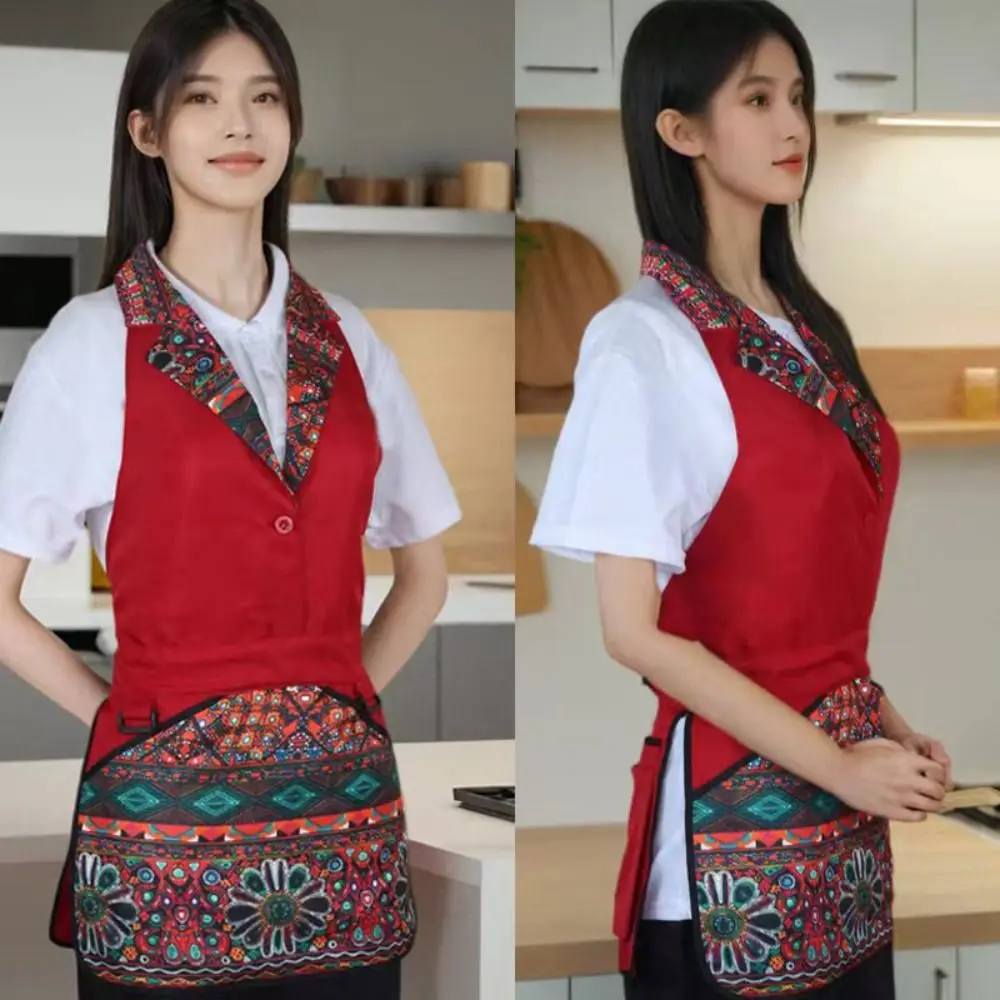 Multi-functional Polyester Work Apron Waterproof Ethnic Style Kitchen Apron Button Design Vintage Dining Apron Kitchen