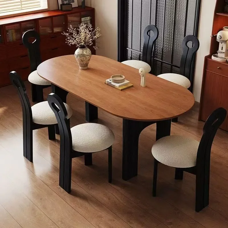 HomeRetro Cream French Style Dining Table And Chair Set Solid Wood Rock Slab Rectangular Medium Size for Small Apartment