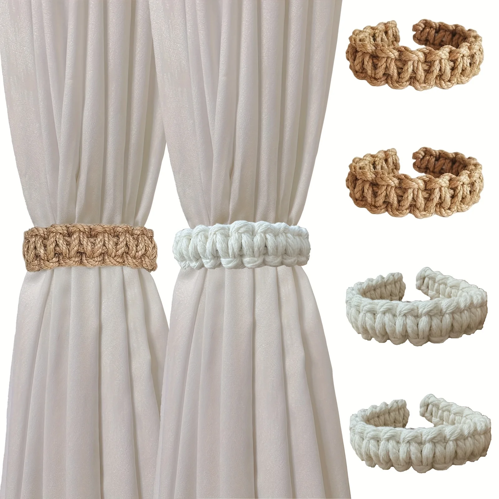 8PCS Handwoven Curtain Tiebacks Nordic Style Linen Rope Twisted Hemp Rope Curtain Clips Boho Rustic Curtain Holdbacks Home Decor